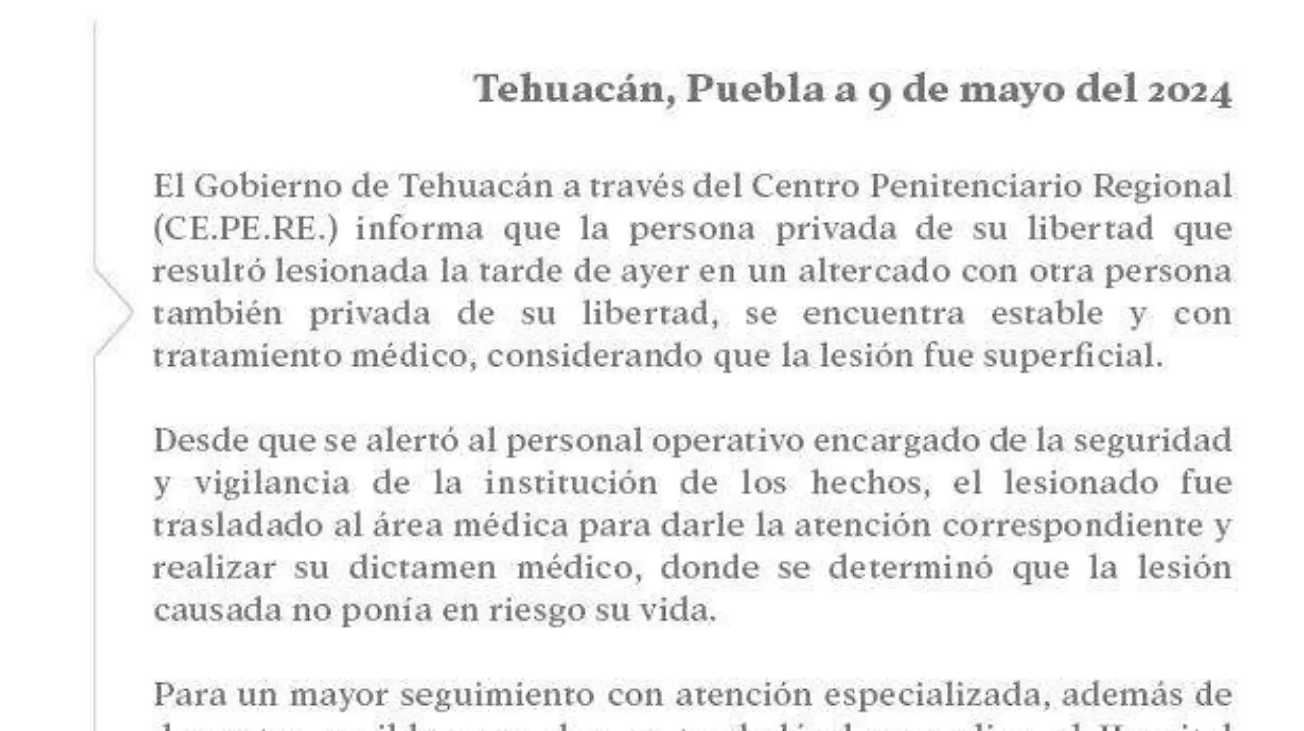 Riña en Cereso de Tehuacán deja como saldo a un reo herido